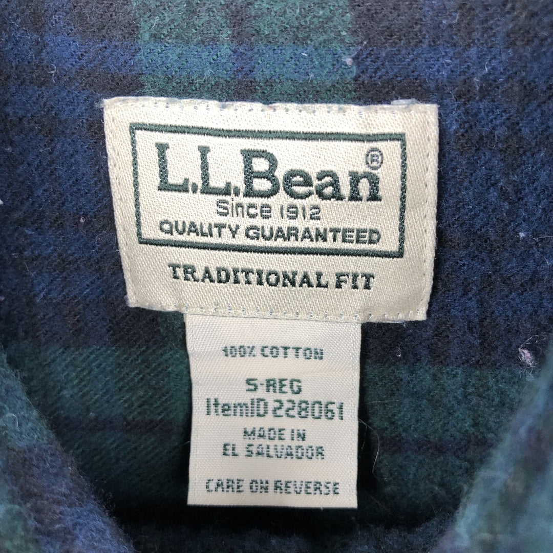 LLBean Traditional Fit Long-Sleeve Button-Down Light Flannel Check Shirt, Men's Size S (approx.) cotton Green type dark green Vintage Second Hand