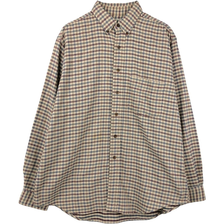 LLBean Long-Sleeve Button-Down Light Flannel Check Shirt, Made in Canada, Men's Size L (approx.) cotton Beige type Vintage Second Hand