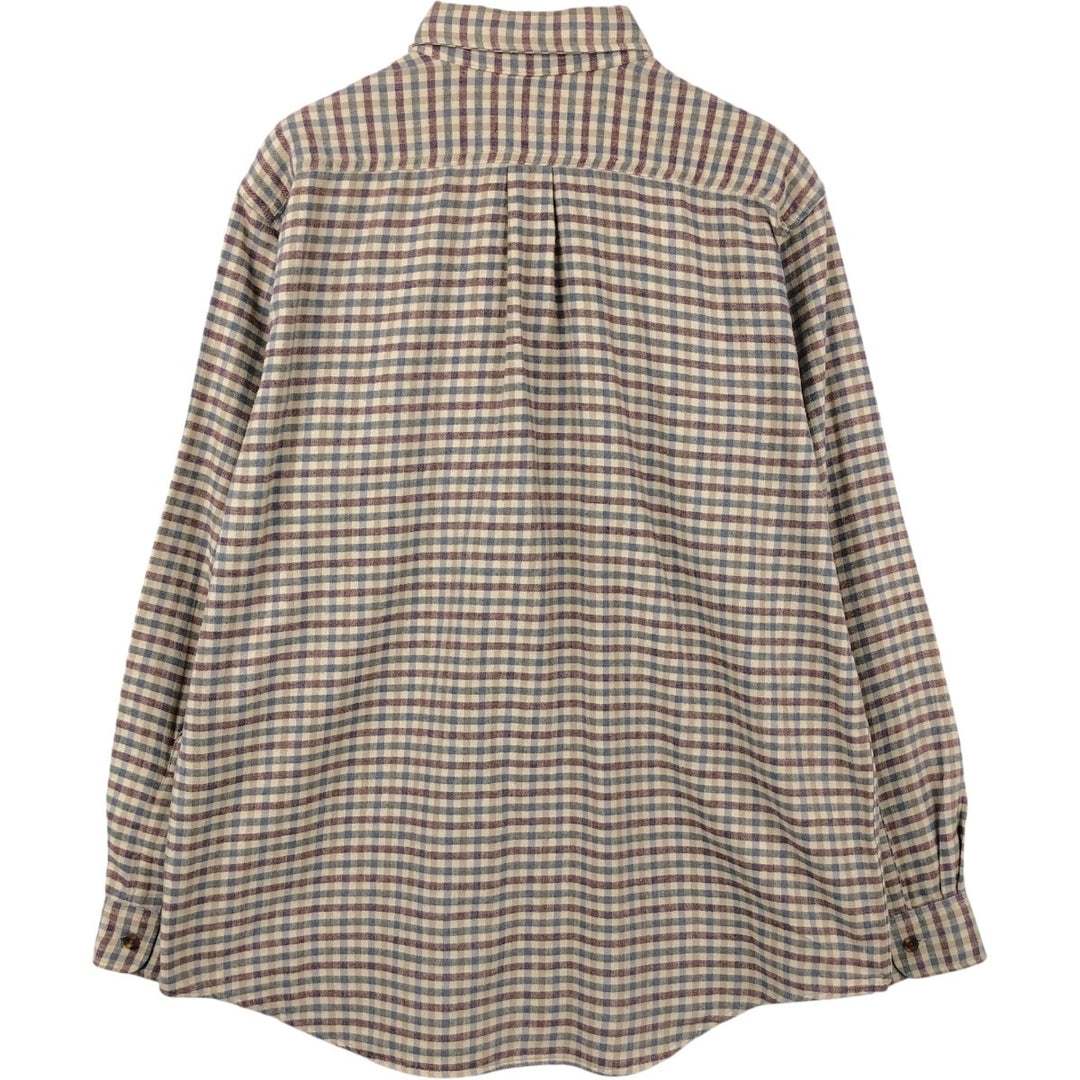 LLBean Long-Sleeve Button-Down Light Flannel Check Shirt, Made in Canada, Men's Size L (approx.) cotton Beige type Vintage Second Hand
