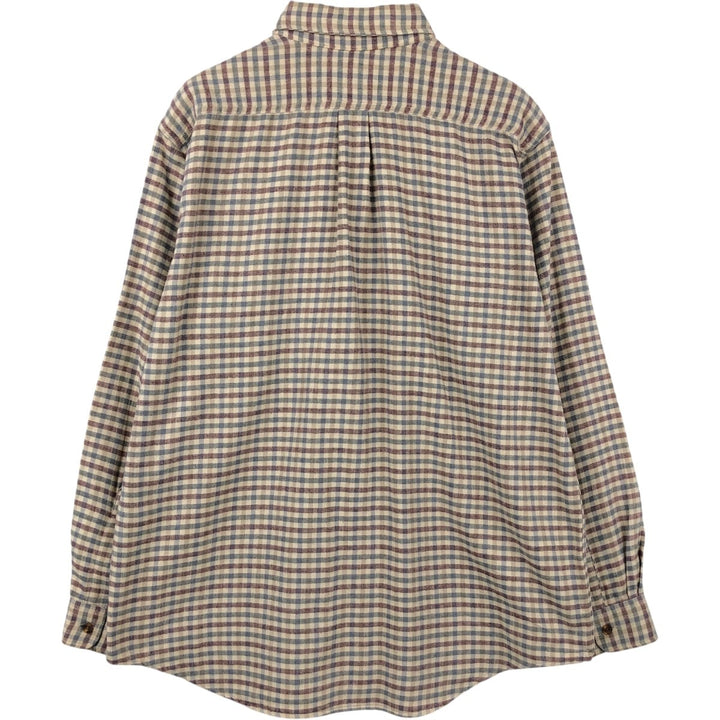 LLBean Long-Sleeve Button-Down Light Flannel Check Shirt, Made in Canada, Men's Size L (approx.) cotton Beige type Vintage Second Hand