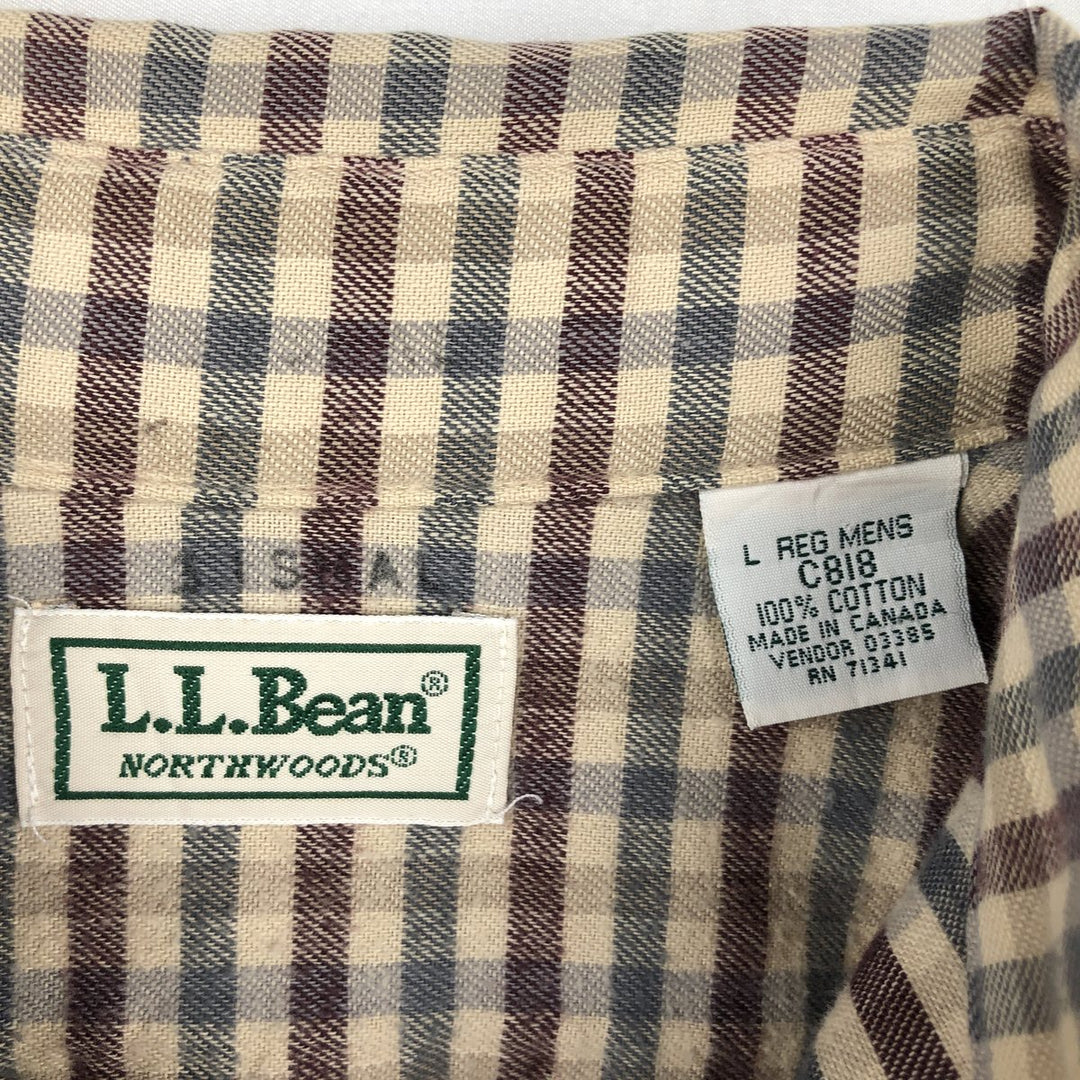 LLBean Long-Sleeve Button-Down Light Flannel Check Shirt, Made in Canada, Men's Size L (approx.) cotton Beige type Vintage Second Hand