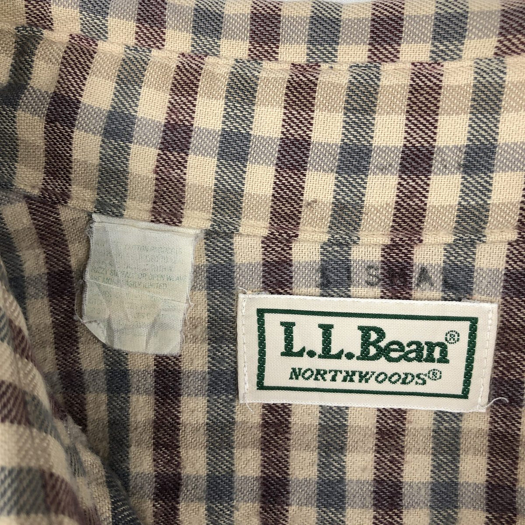 LLBean Long-Sleeve Button-Down Light Flannel Check Shirt, Made in Canada, Men's Size L (approx.) cotton Beige type Vintage Second Hand