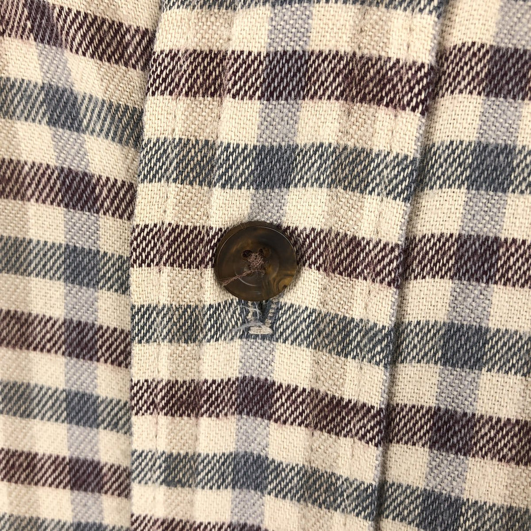LLBean Long-Sleeve Button-Down Light Flannel Check Shirt, Made in Canada, Men's Size L (approx.) cotton Beige type Vintage Second Hand