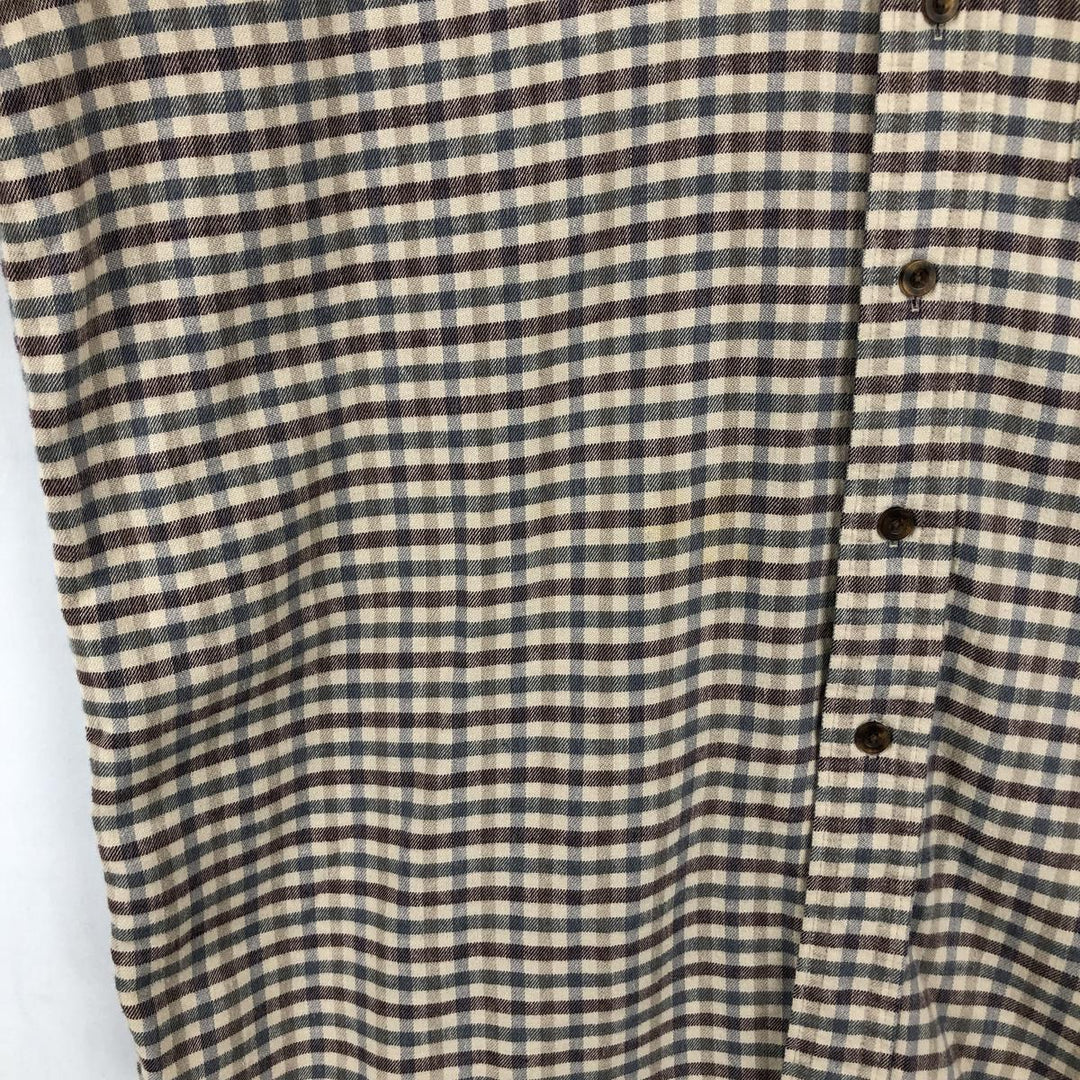 LLBean Long-Sleeve Button-Down Light Flannel Check Shirt, Made in Canada, Men's Size L (approx.) cotton Beige type Vintage Second Hand