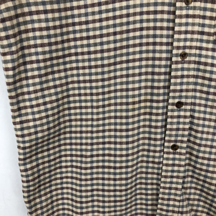 LLBean Long-Sleeve Button-Down Light Flannel Check Shirt, Made in Canada, Men's Size L (approx.) cotton Beige type Vintage Second Hand