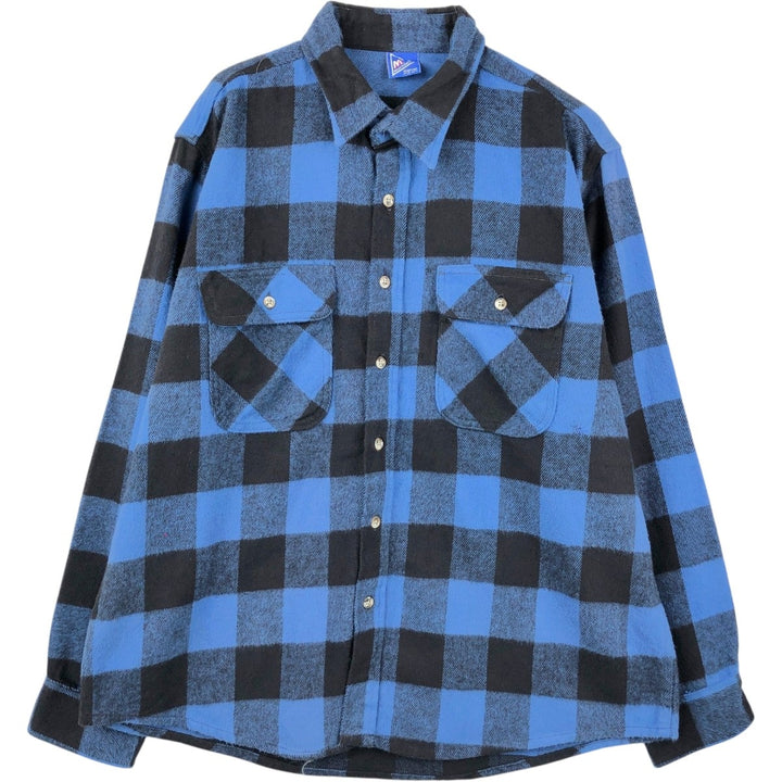 MIGHTY MAC Long-Sleeve Flannel Check Shirt, Made in USA, Men's Size XL (approx.) cotton Blue type light blue Vintage Second Hand