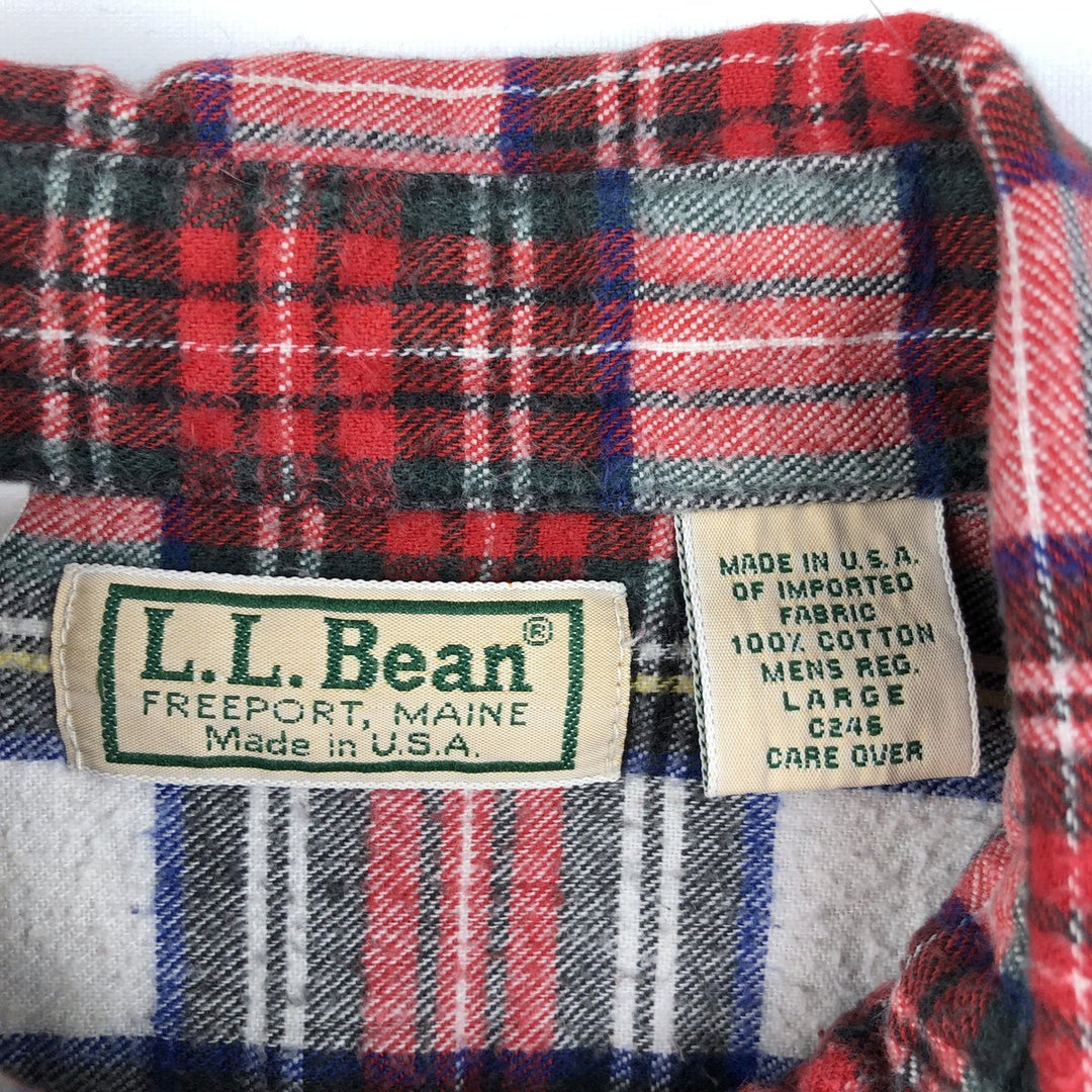 70s-80'S LL Bean Long-Sleeve Button-Down Light Flannel Check Shirt, Made in USA, Men's Size L (Equivalent), Vintage cotton red type Vintage Second Hand