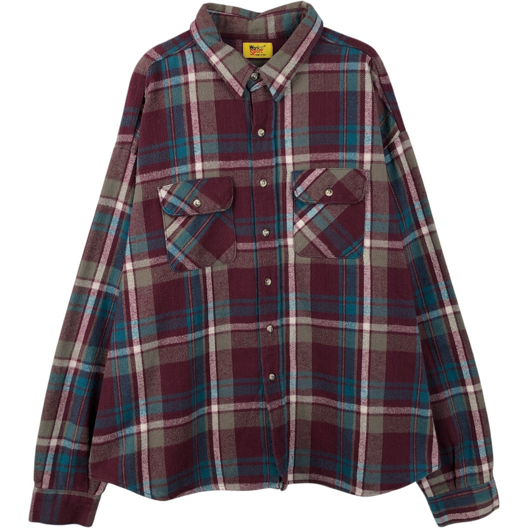 Big Size Workn' Sport Long Sleeve Heavy Flannel Check Shirt, Made in USA, Men's XXXXL Equivalent, Vintage cotton wine-red Vintage Second Hand
