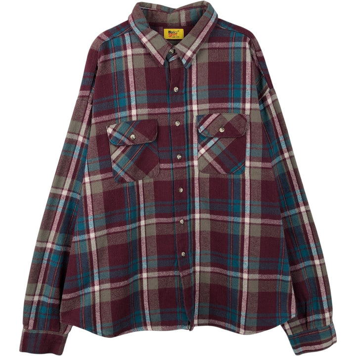 Big Size Workn' Sport Long Sleeve Heavy Flannel Check Shirt, Made in USA, Men's XXXXL Equivalent, Vintage cotton wine-red Vintage Second Hand