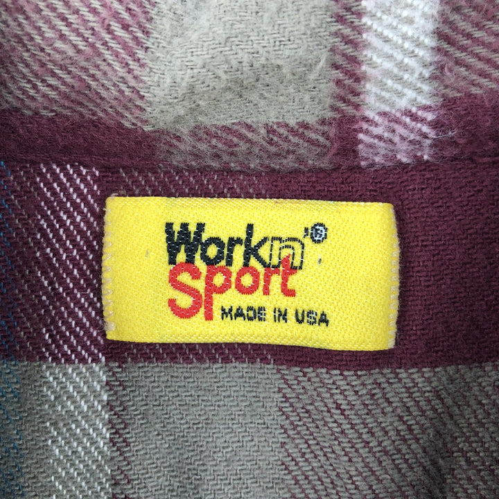 Big Size Workn' Sport Long Sleeve Heavy Flannel Check Shirt, Made in USA, Men's XXXXL Equivalent, Vintage cotton wine-red Vintage Second Hand