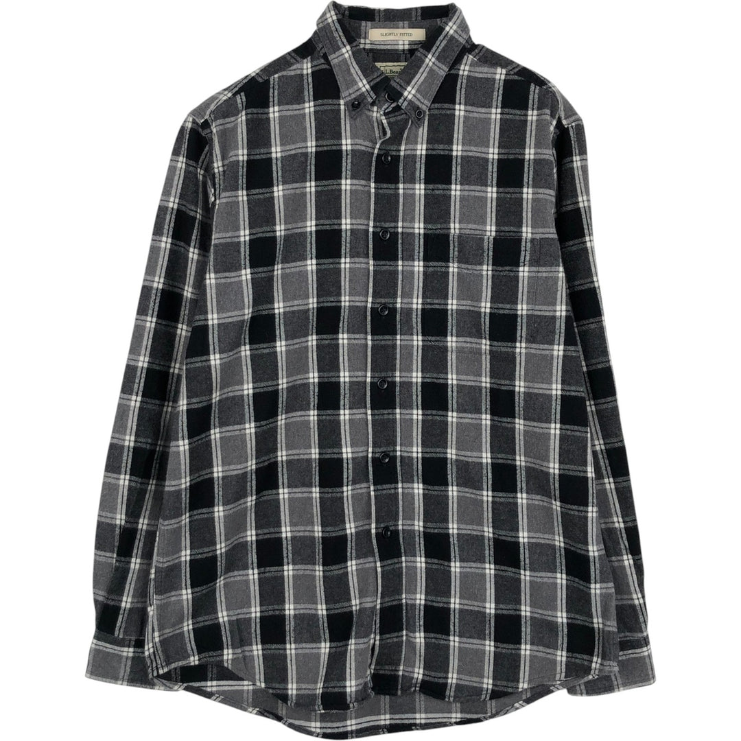 LLBean Slightly Fitted Long Sleeve Button-Down Light Flannel Check Shirt, Men's Size Medium cotton black type Vintage Second Hand