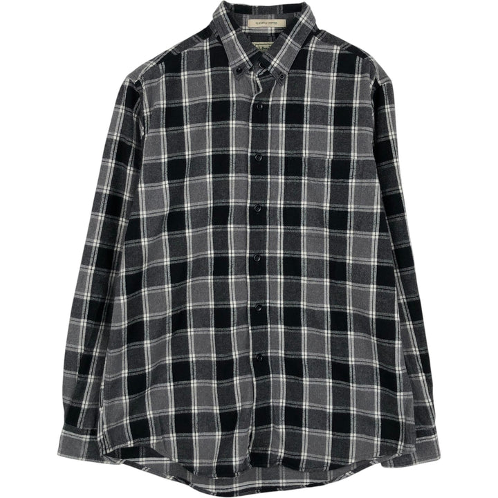 LLBean Slightly Fitted Long Sleeve Button-Down Light Flannel Check Shirt, Men's Size Medium cotton black type Vintage Second Hand