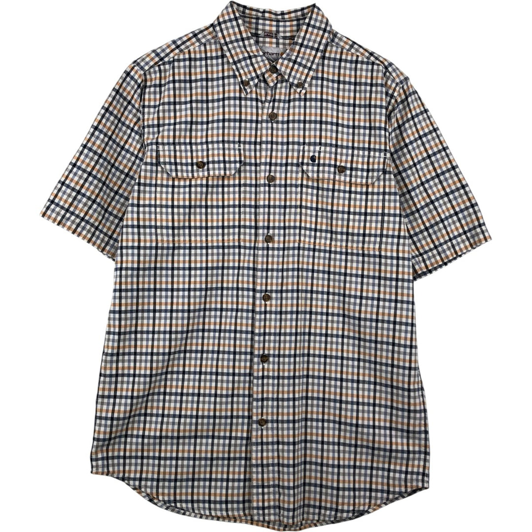Carhartt Relaxed Fit Check Pattern Button-Down Gingham Check Short-Sleeve Work Shirt (Men's Size M) cotton navy blue type Vintage Second Hand