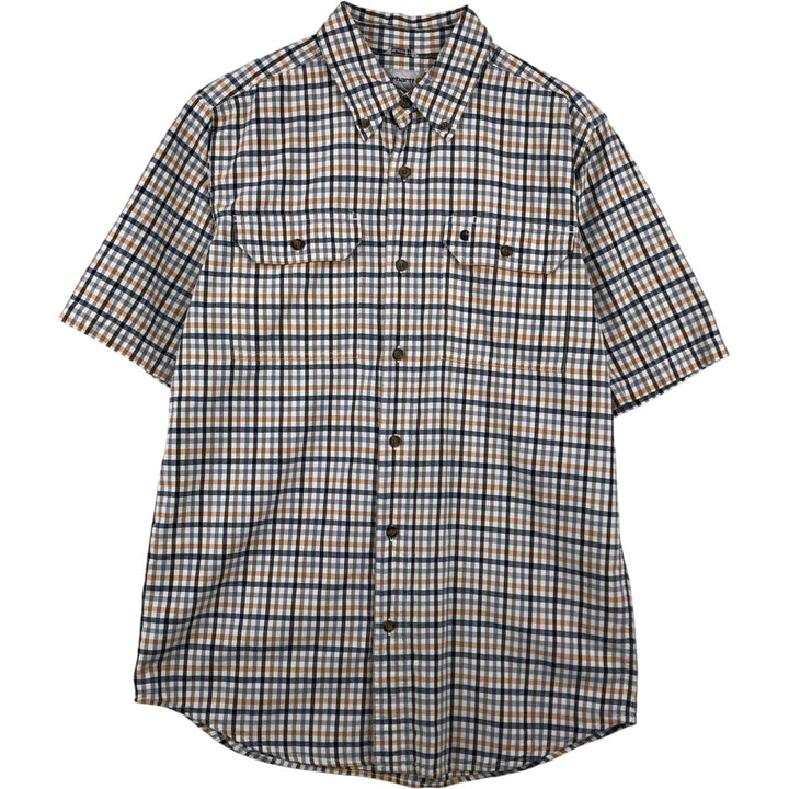 Carhartt Relaxed Fit Check Pattern Button-Down Gingham Check Short-Sleeve Work Shirt (Men's Size M) cotton navy blue type Vintage Second Hand