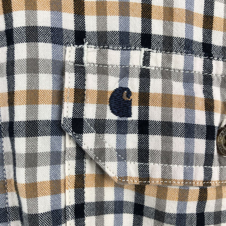 Carhartt Relaxed Fit Check Pattern Button-Down Gingham Check Short-Sleeve Work Shirt (Men's Size M) cotton navy blue type Vintage Second Hand