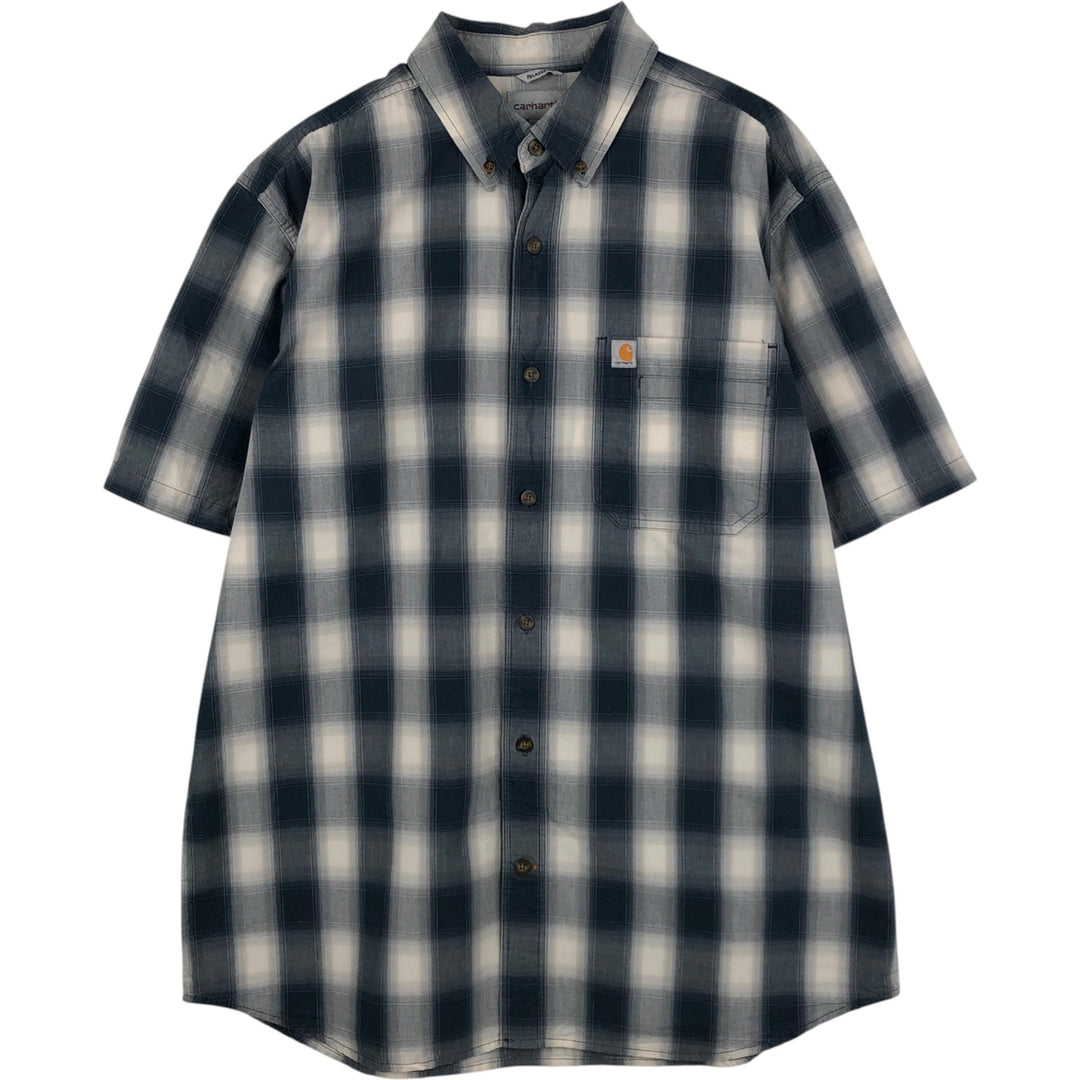 Carhartt Relaxed Fit Ombre Check Button-Down Short Sleeve Work Shirt, Men's Size L cotton navy blue type Vintage Second Hand