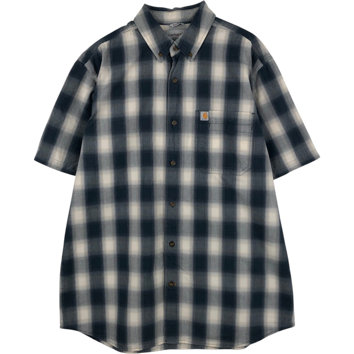 Carhartt Relaxed Fit Ombre Check Button-Down Short Sleeve Work Shirt, Men's Size L cotton navy blue type Vintage Second Hand