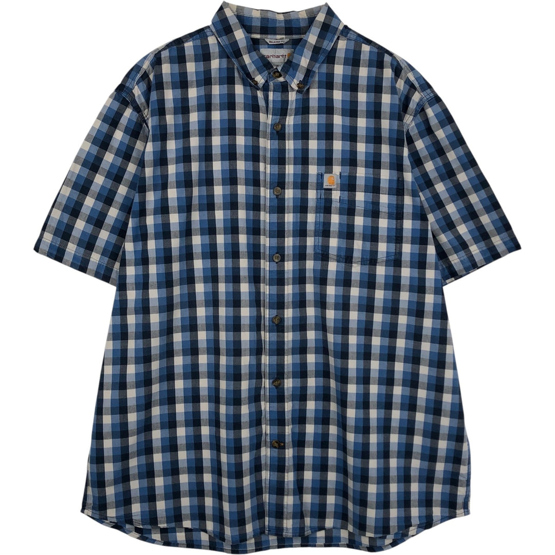 Carhartt RELAXED FIT Check Pattern Button-down Short Sleeve Work Shirt, Men's XL cotton blue type Vintage Second Hand