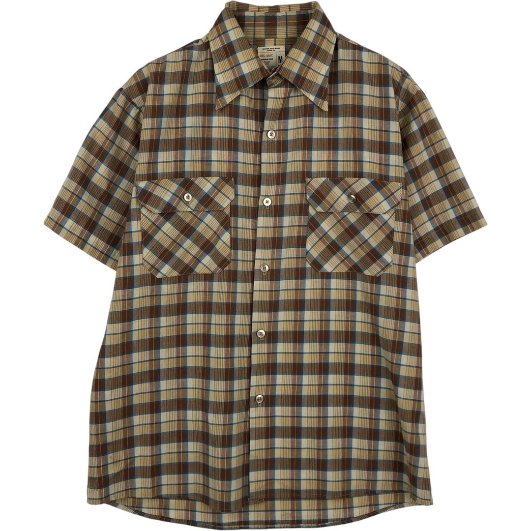 1970'S JCPenney BIG MAC Check Pattern Short-Sleeve Work Shirt, Men's Size M (Equivalent), Vintage polyester brown type Vintage Second Hand