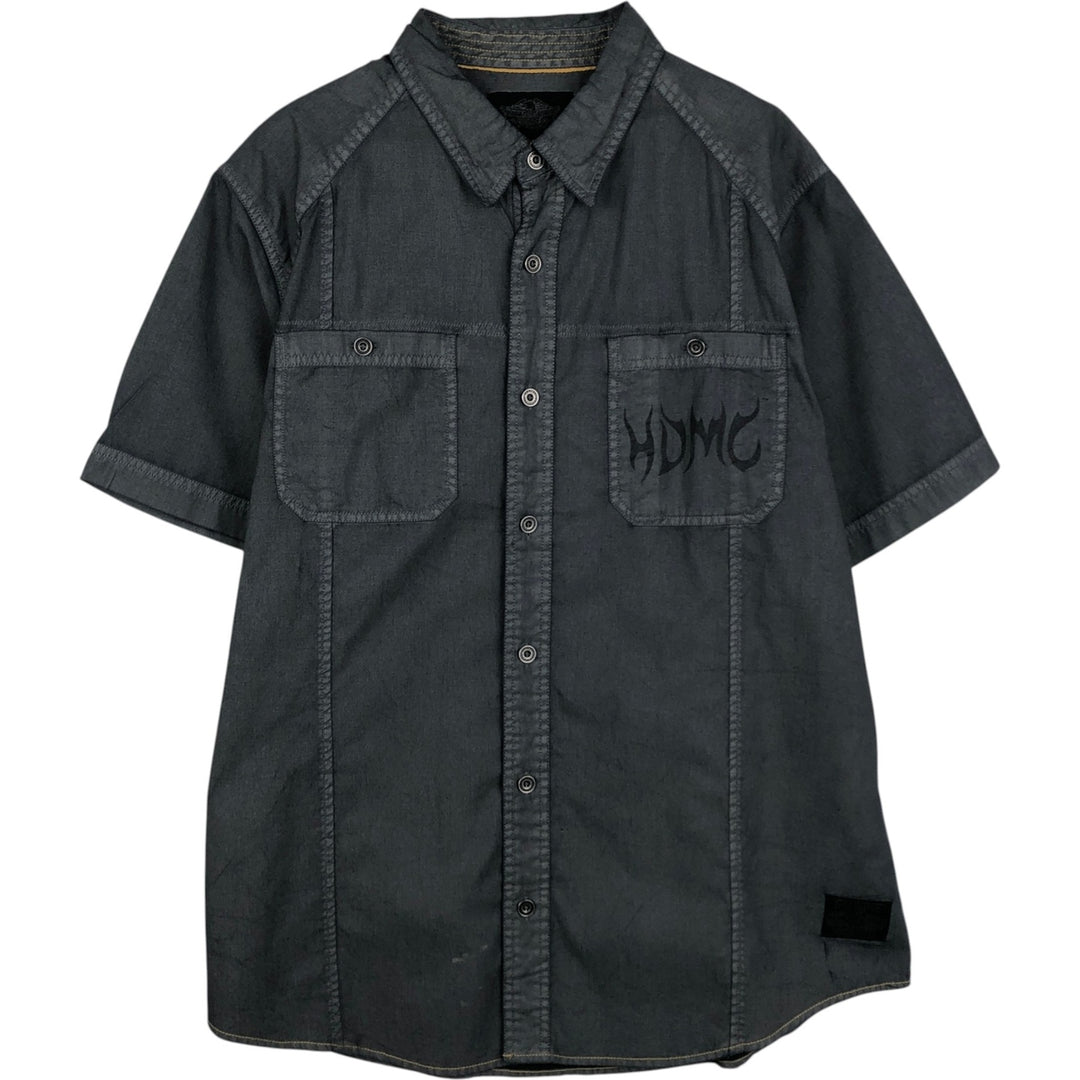 Harley-Davidson Back Logo Hidden Button-Down Short-Sleeve Work Shirt, Men's Size XL (approx.) cotton Charcoal Vintage Second Hand