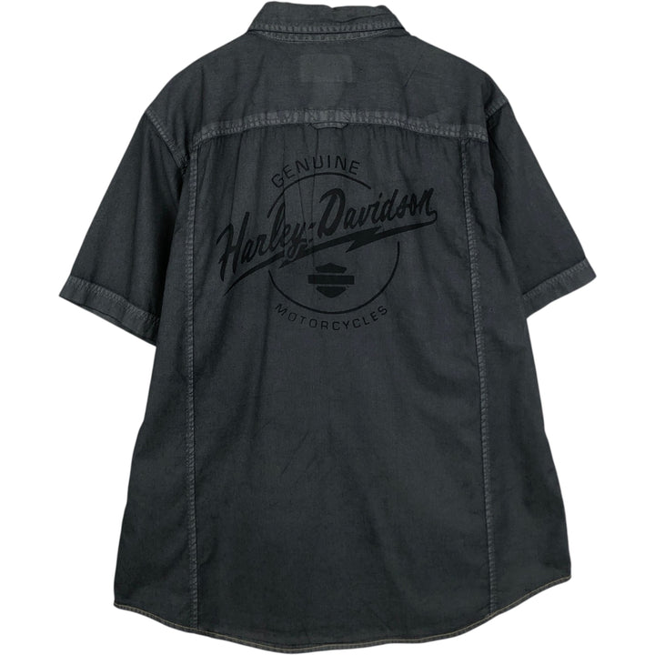 Harley-Davidson Back Logo Hidden Button-Down Short-Sleeve Work Shirt, Men's Size XL (approx.) cotton Charcoal Vintage Second Hand