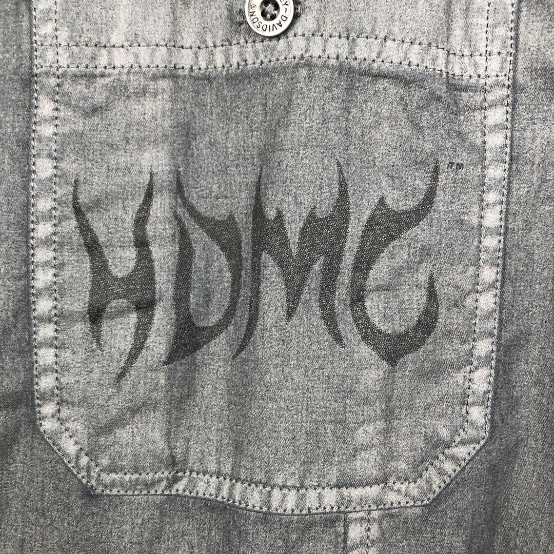 Harley-Davidson Back Logo Hidden Button-Down Short-Sleeve Work Shirt, Men's Size XL (approx.) cotton Charcoal Vintage Second Hand
