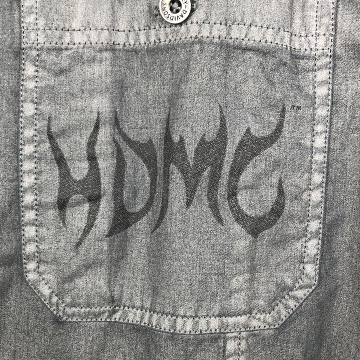 Harley-Davidson Back Logo Hidden Button-Down Short-Sleeve Work Shirt, Men's Size XL (approx.) cotton Charcoal Vintage Second Hand