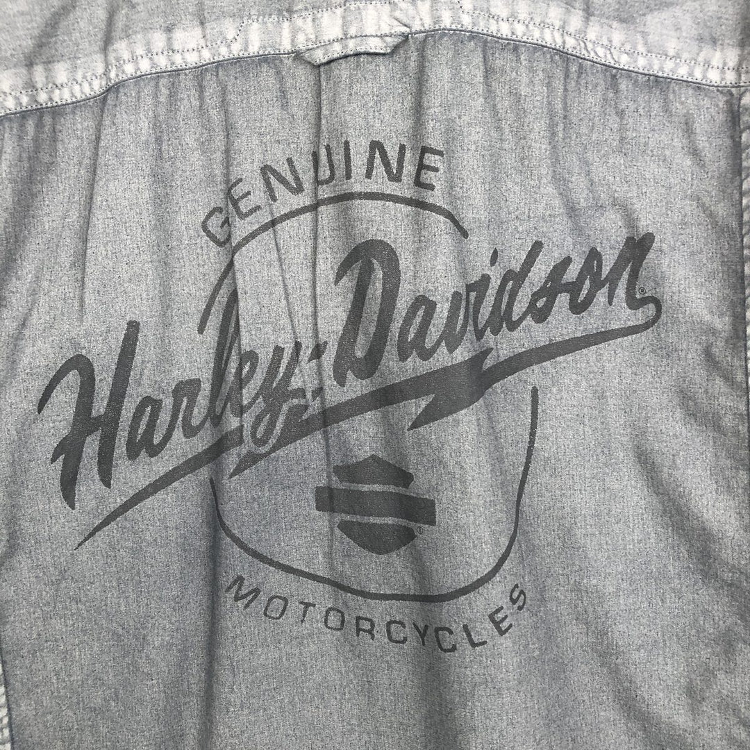 Harley-Davidson Back Logo Hidden Button-Down Short-Sleeve Work Shirt, Men's Size XL (approx.) cotton Charcoal Vintage Second Hand