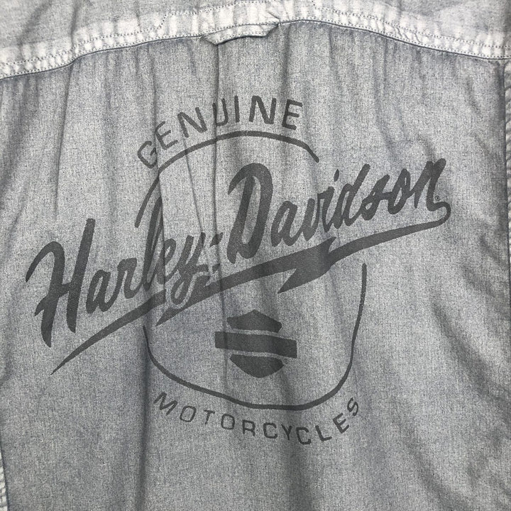 Harley-Davidson Back Logo Hidden Button-Down Short-Sleeve Work Shirt, Men's Size XL (approx.) cotton Charcoal Vintage Second Hand