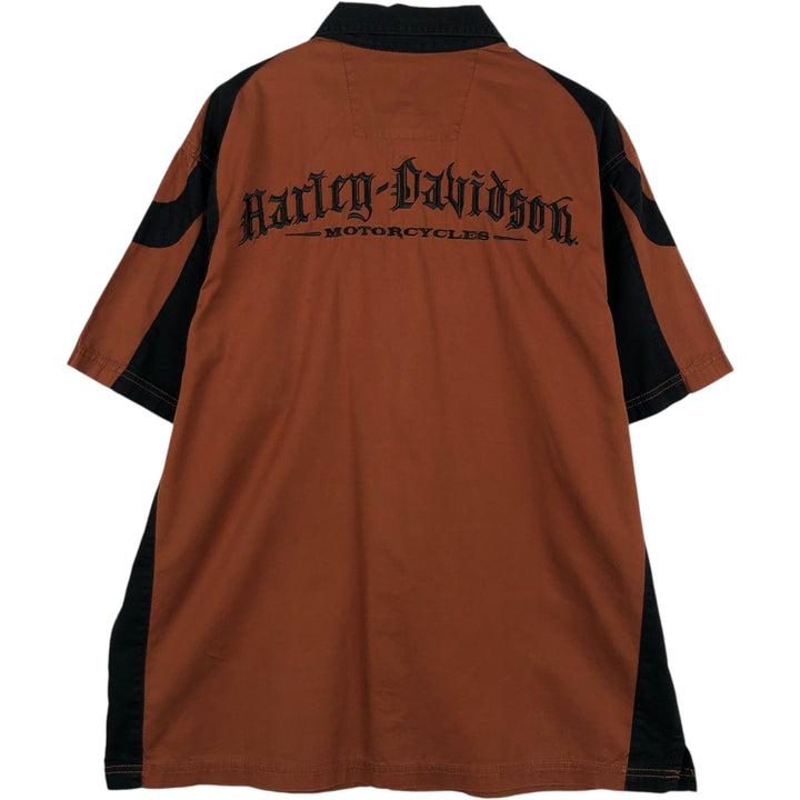 Harley-Davidson back logo hidden button-down open collar skull pattern short-sleeved work shirt box shirt cotton brown type Vintage Second Hand