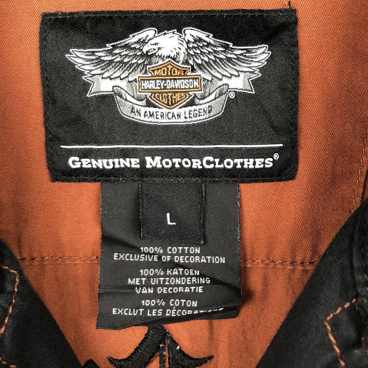 Harley-Davidson back logo hidden button-down open collar skull pattern short-sleeved work shirt box shirt cotton brown type Vintage Second Hand