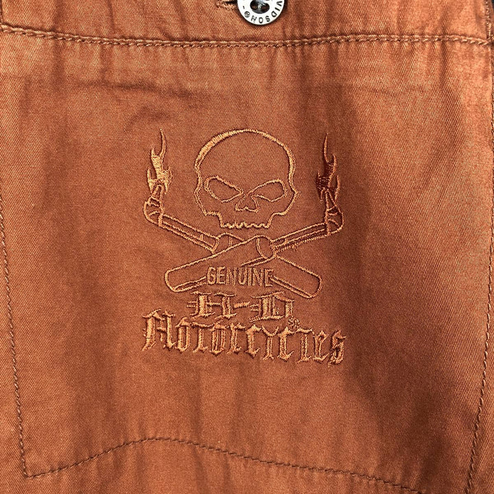 Harley-Davidson back logo hidden button-down open collar skull pattern short-sleeved work shirt box shirt cotton brown type Vintage Second Hand