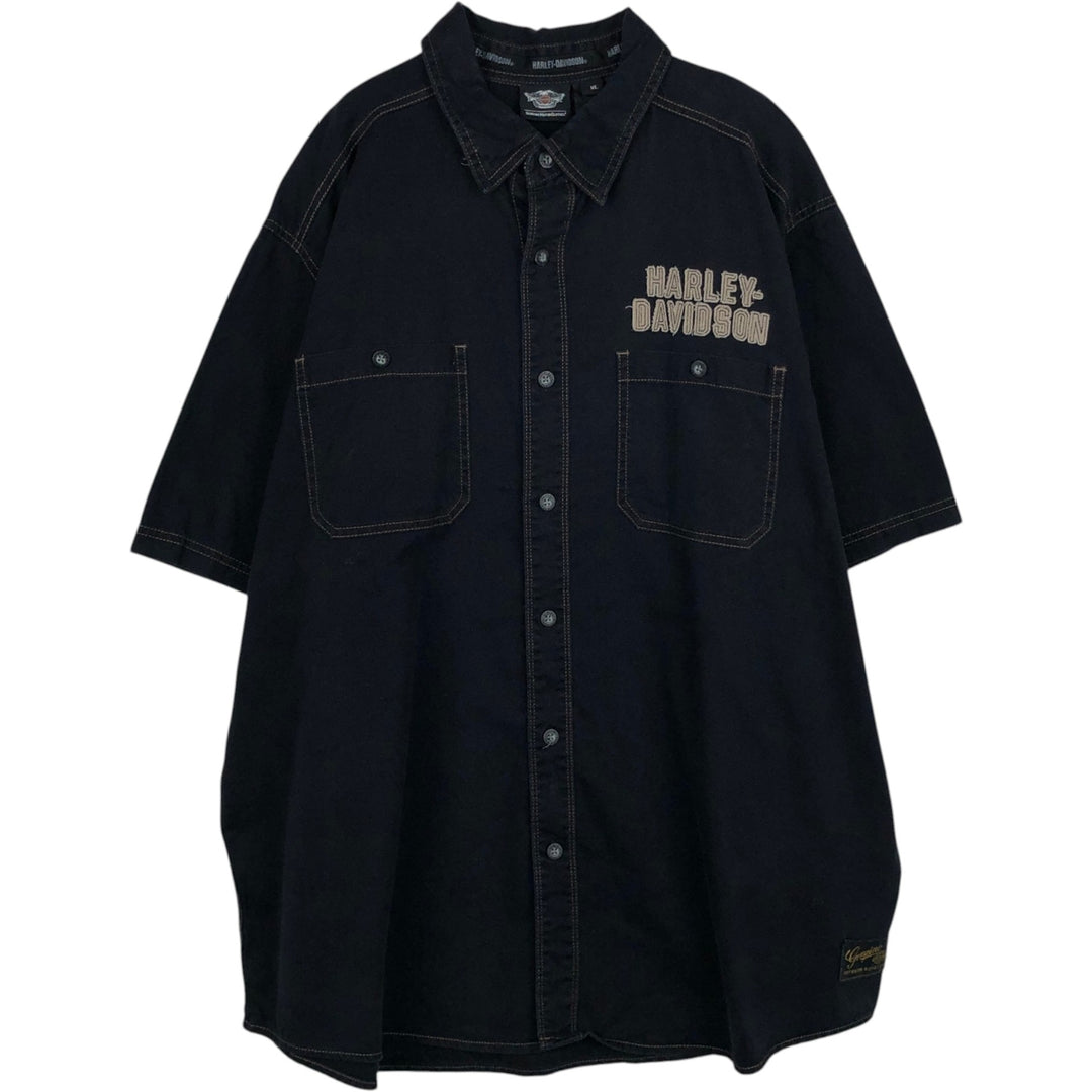Harley-Davidson Eagle Pattern Short-Sleeve Work Shirt (Men's Size XL) cotton black type Vintage Second Hand