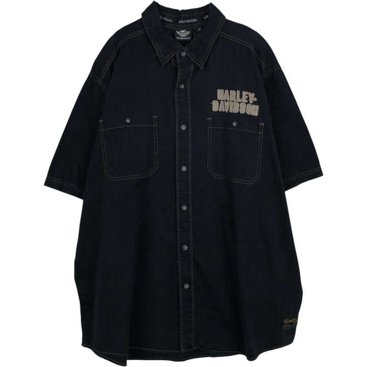 Harley-Davidson Eagle Pattern Short-Sleeve Work Shirt (Men's Size XL) cotton black type Vintage Second Hand