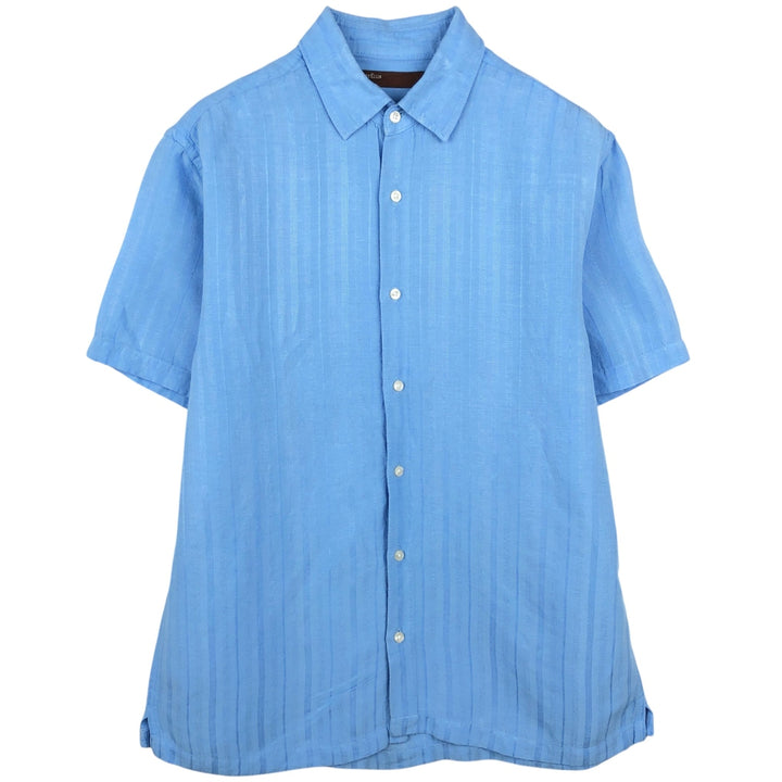 Perry Ellis multi-stripe short-sleeved rayon x linen shirt, men's size L equivalent. linen Blue type light blue Vintage Second Hand
