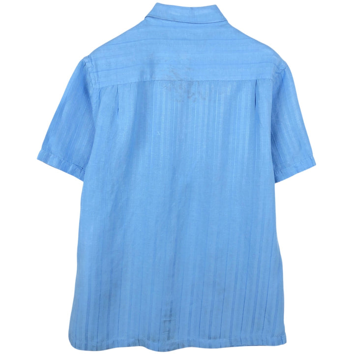 Perry Ellis multi-stripe short-sleeved rayon x linen shirt, men's size L equivalent. linen Blue type light blue Vintage Second Hand