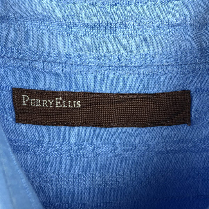 Perry Ellis multi-stripe short-sleeved rayon x linen shirt, men's size L equivalent. linen Blue type light blue Vintage Second Hand