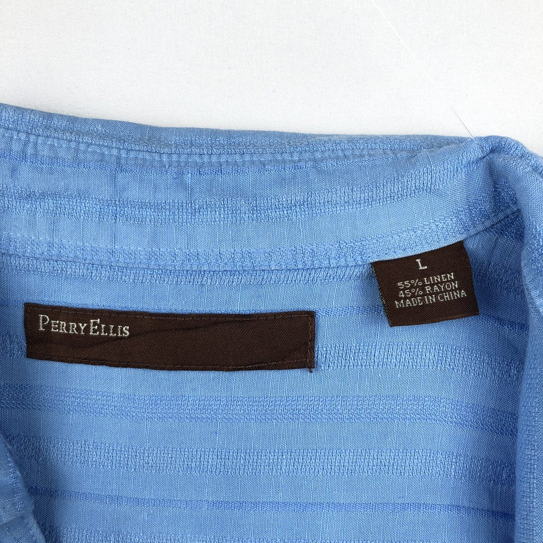 Perry Ellis multi-stripe short-sleeved rayon x linen shirt, men's size L equivalent. linen Blue type light blue Vintage Second Hand