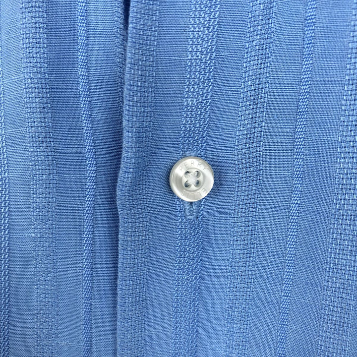 Perry Ellis multi-stripe short-sleeved rayon x linen shirt, men's size L equivalent. linen Blue type light blue Vintage Second Hand