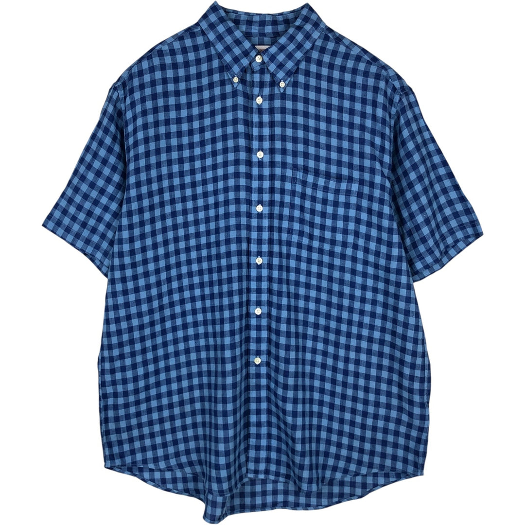 Brooks Brothers 346 Check Pattern Short Sleeve Linen Button Down Shirt Men's XL linen Navy blue Vintage Second Hand