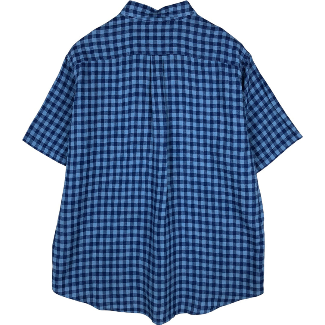Brooks Brothers 346 Check Pattern Short Sleeve Linen Button Down Shirt Men's XL linen Navy blue Vintage Second Hand