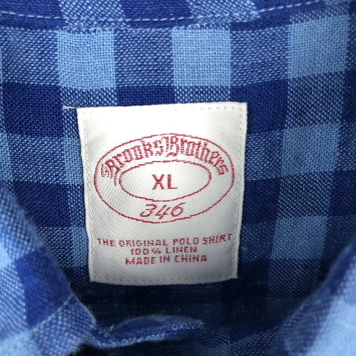 Brooks Brothers 346 Check Pattern Short Sleeve Linen Button Down Shirt Men's XL linen Navy blue Vintage Second Hand
