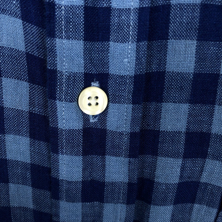 Brooks Brothers 346 Check Pattern Short Sleeve Linen Button Down Shirt Men's XL linen Navy blue Vintage Second Hand