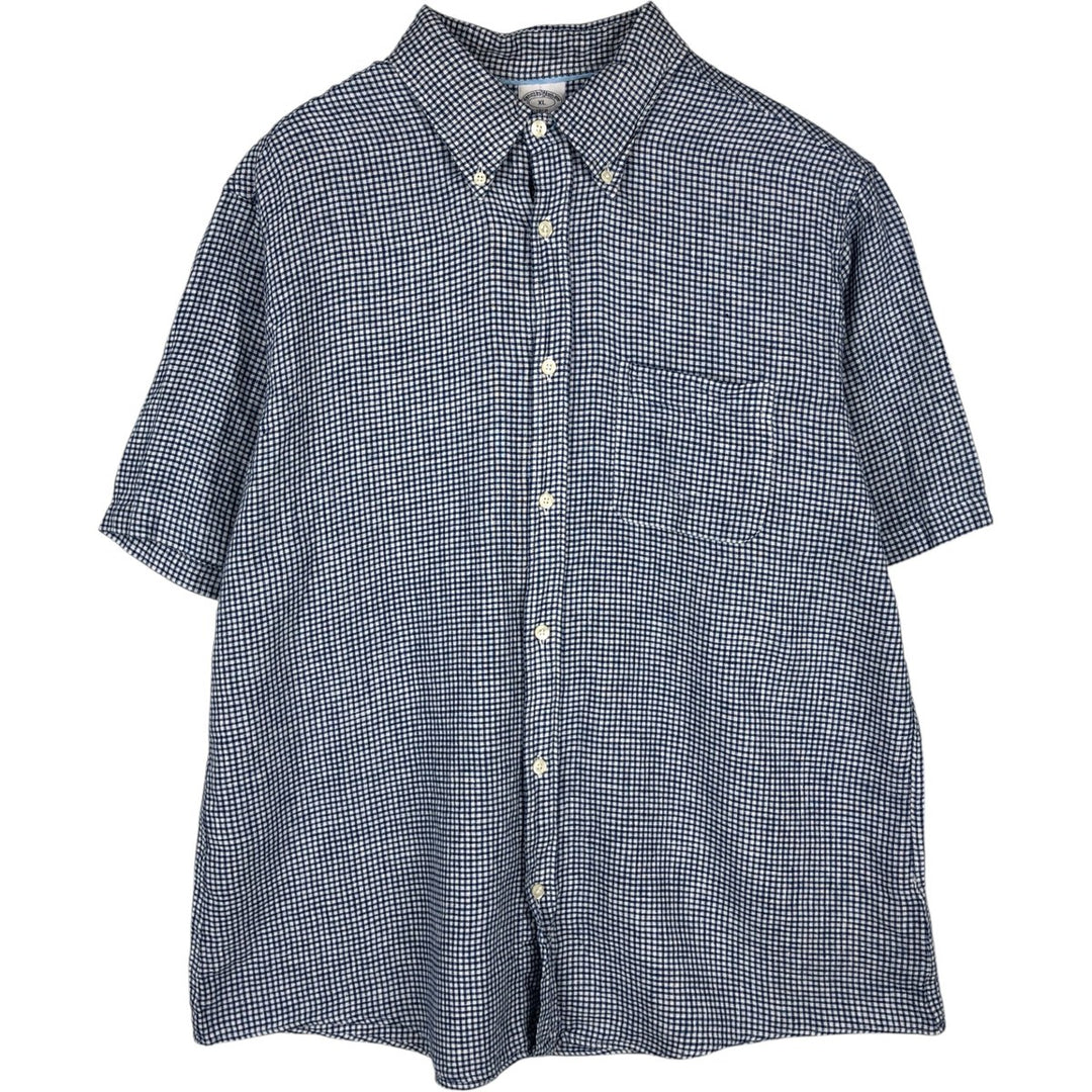 Brooks Brothers 1818 Gingham Check Short-Sleeve Linen Button-Down Shirt, Men's Size XL (approx.) linen navy blue type Vintage Second Hand