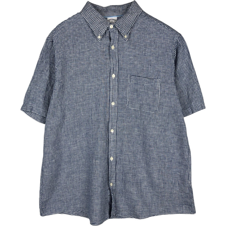 Brooks Brothers 1818 Gingham Check Short-Sleeve Linen Button-Down Shirt, Men's Size XL (approx.) linen navy blue type Vintage Second Hand