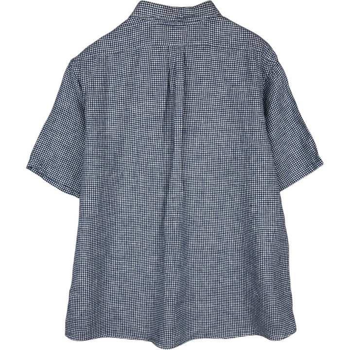 Brooks Brothers 1818 Gingham Check Short-Sleeve Linen Button-Down Shirt, Men's Size XL (approx.) linen navy blue type Vintage Second Hand