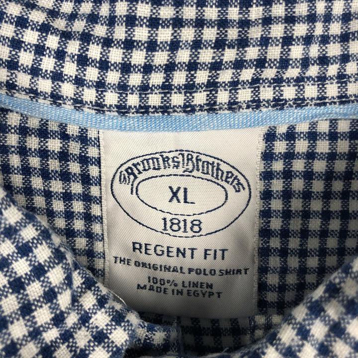 Brooks Brothers 1818 Gingham Check Short-Sleeve Linen Button-Down Shirt, Men's Size XL (approx.) linen navy blue type Vintage Second Hand