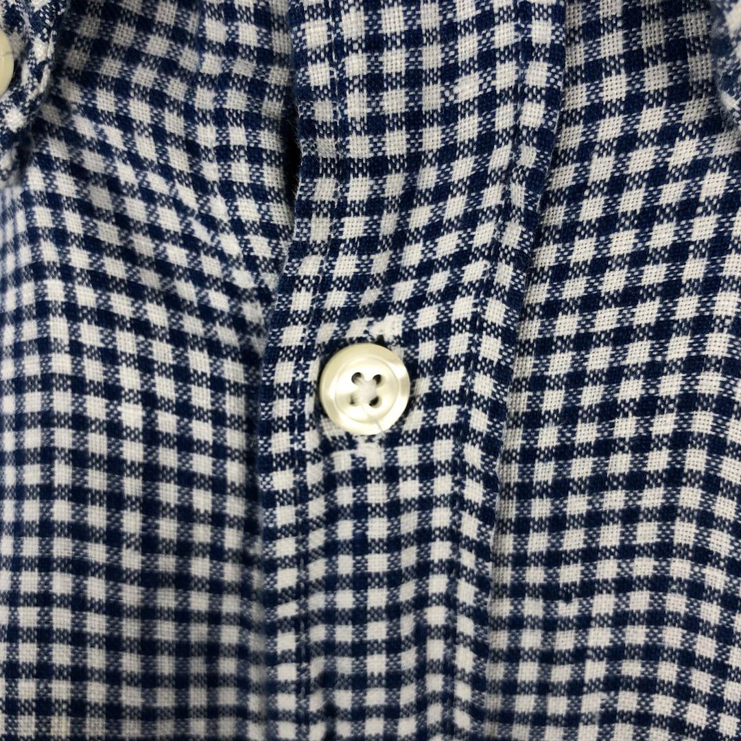 Brooks Brothers 1818 Gingham Check Short-Sleeve Linen Button-Down Shirt, Men's Size XL (approx.) linen navy blue type Vintage Second Hand