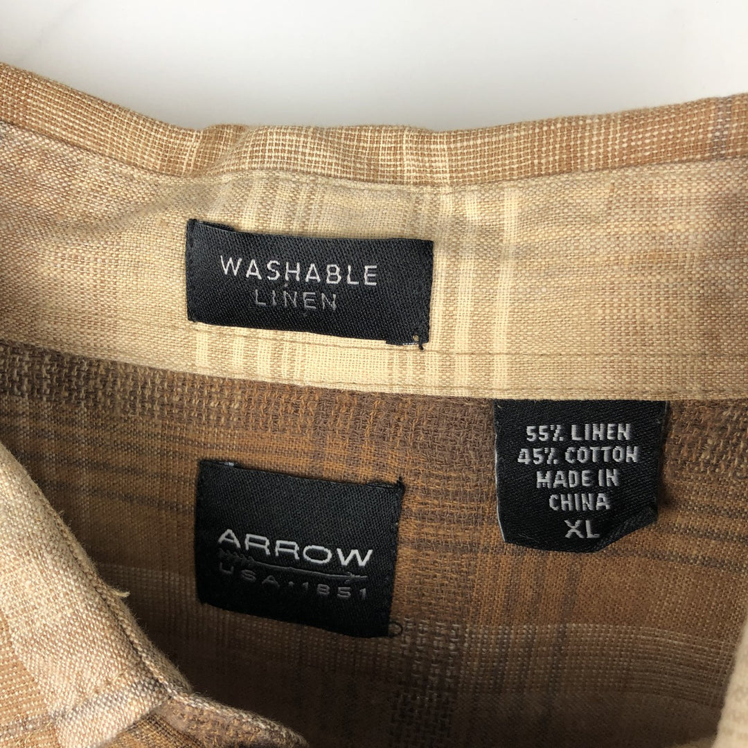 Arrow WASHABLE LINEN Ombre Check Short-Sleeve Cotton x Linen Shirt (Men's XL equivalent) linen Beige type Vintage Second Hand