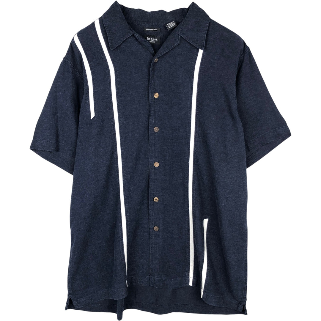 HAGGAR Washable Linen Short-Sleeve Open-Collar Rayon x Linen Box Shirt (Men's XL equivalent) linen navy blue type Vintage Second Hand